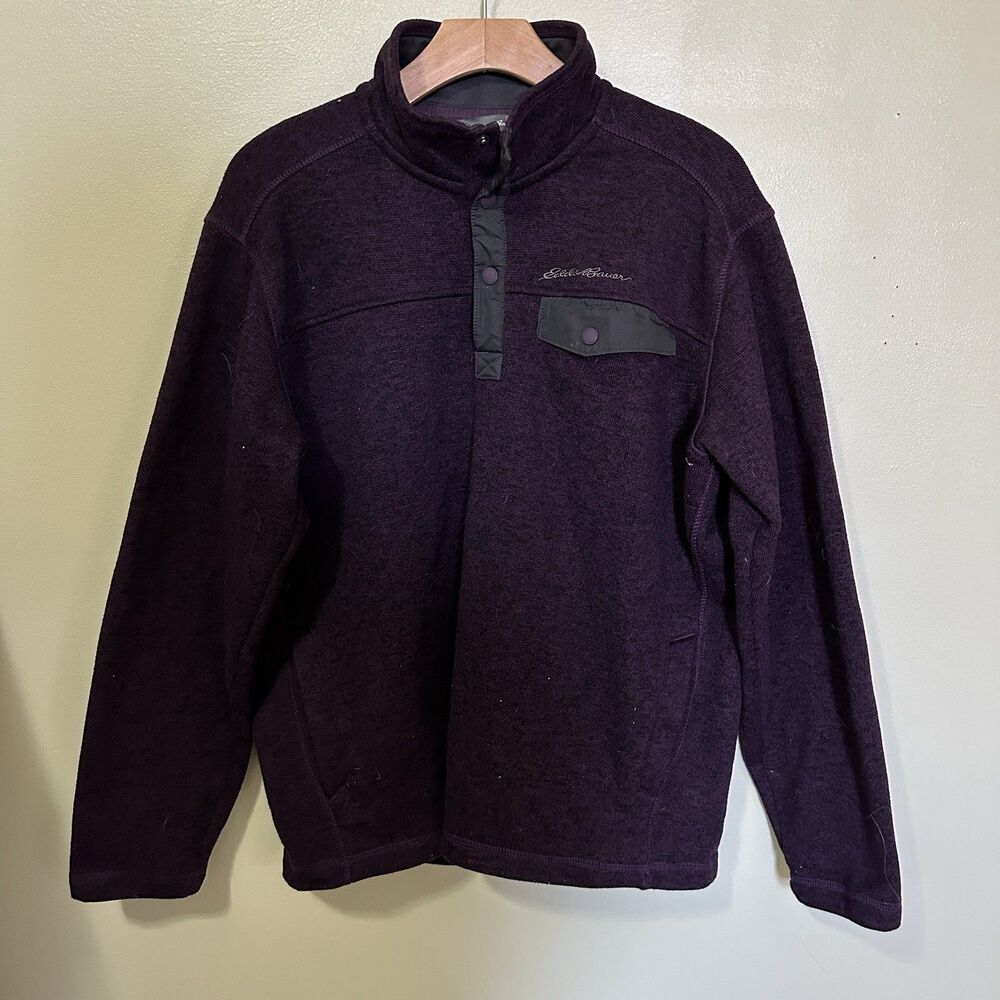 Eddie Bauer 1/4 Zip Sweater Men's Size M Pullover Grey Chest Pocket Purple